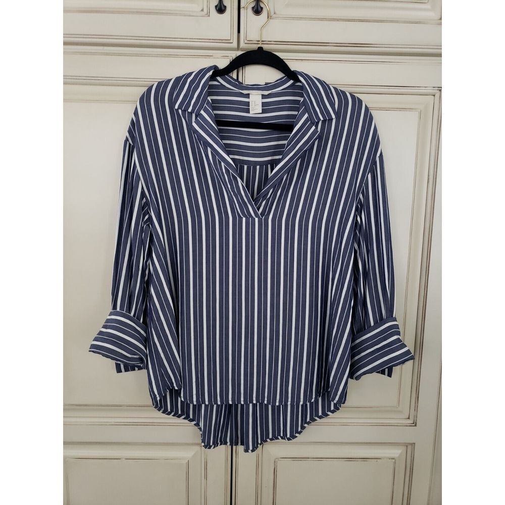 Womens H&M Tunic Shirt Striped Blue White Xs Small V neck Blouse